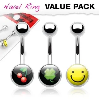 Piercing do pupíku SADA - smajlík, čtyřlístek, třešně