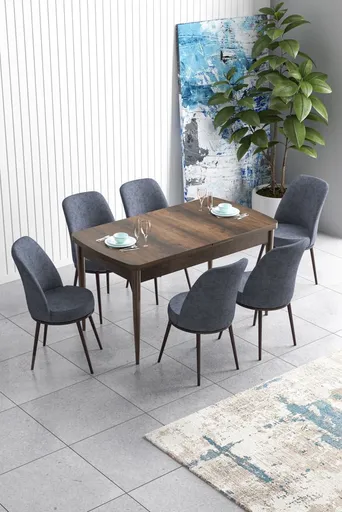 Extendable Dining Table & Chairs Set (7 Pieces) Han - Baroque, Fume