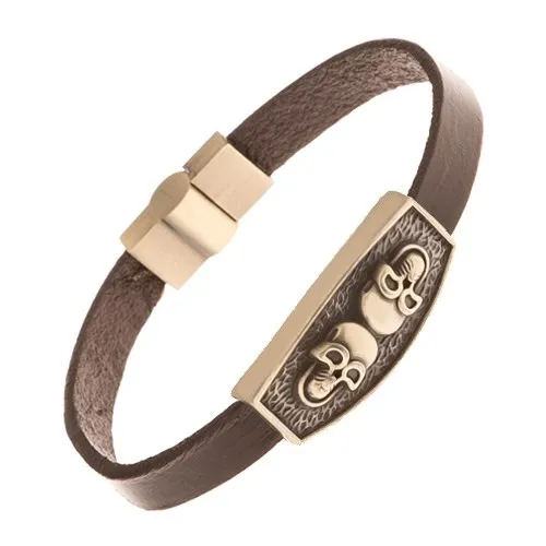 Hnědý kožený náramek, známka mosazné barvy - dvě lebky, černá patina