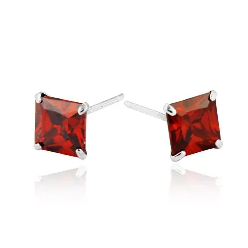 Náušnice ze stříbra 925 - červené zirkonové čtverce, 6 mm