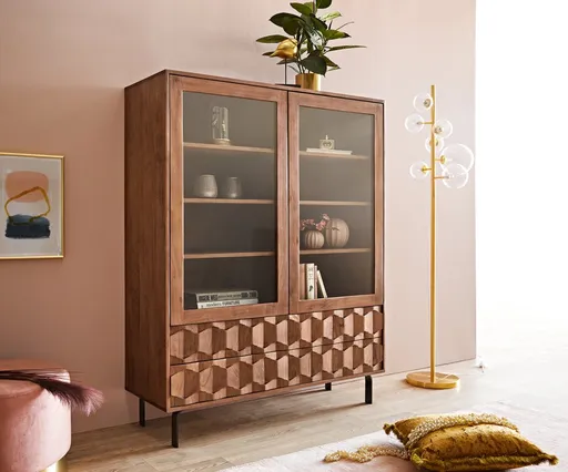 Vitrína Fevo 115x150 cm akácie hnědá podnož ve tvaru "L"