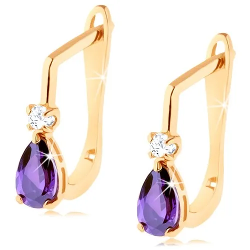 Zlaté náušnice 585 - zirkonek čiré barvy a fialová zirkonová kapka