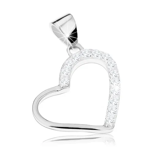 Rhodiovaný přívěsek, stříbro 925, tenký obrys srdce se zirkonovou polovinou