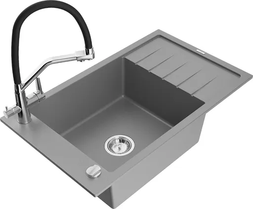 MEXEN/S Elias granitový dřez s odkapávačem včetně baterie Duo, šedá 6511-71-671701-07