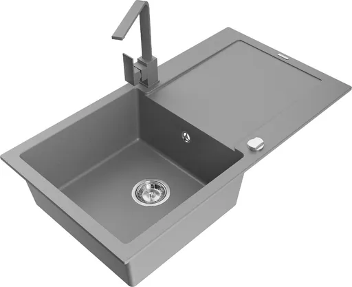 MEXEN/S Leo granitový dřez 1-miska s odkapávačem včetně baterie Rita, šedý 6501-71-670300-71