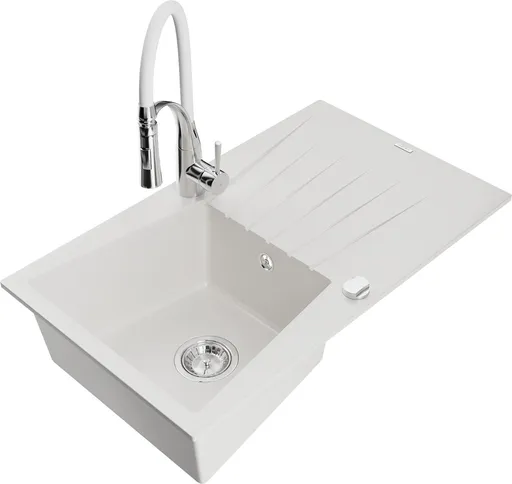 MEXEN/S Cesar granitový dřez s odkapávačem včetně baterie Aster, bílá 6514-20-73450-02