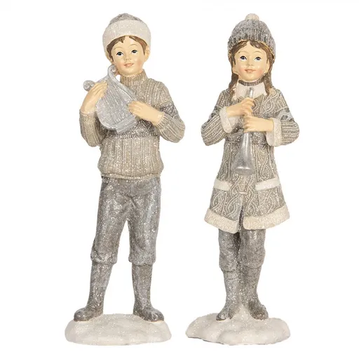 Šedá dekorace dívka a chlapec s hudebními nástroji - 8*7*22 cm Clayre & Eef