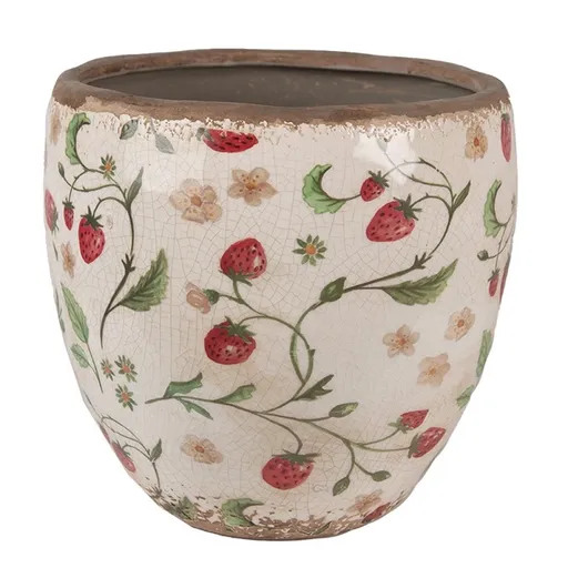 Béžový keramický obal na květináč s jahůdkami Wild Strawberries L - Ø 18*18cm Clayre & Eef