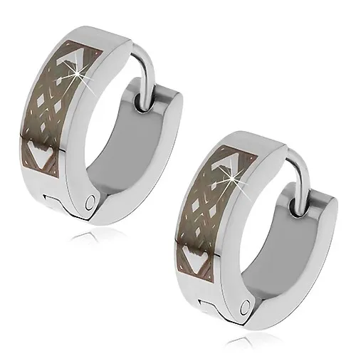 Ocelové náušnice, kroužky, černý ornament z překřížených linií