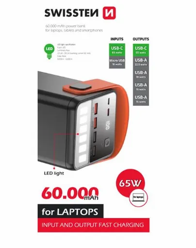 SWISSTEN POWER LINE POWER BANK 60000 mAh 65W POWER DELIVERY BLACK
