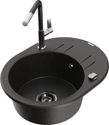 MEXEN/S Kevin granitový dřez 1-miska s odkapávačem včetně baterie Flora, černá/zlatá metalik 6517-75-670401-07-B