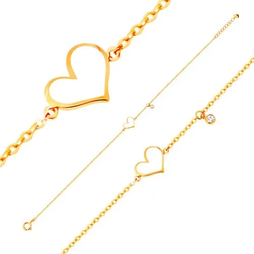 Zlatý náramek 585 - bílé asymetrické srdce a čirý zirkonek, tenký řetízek
