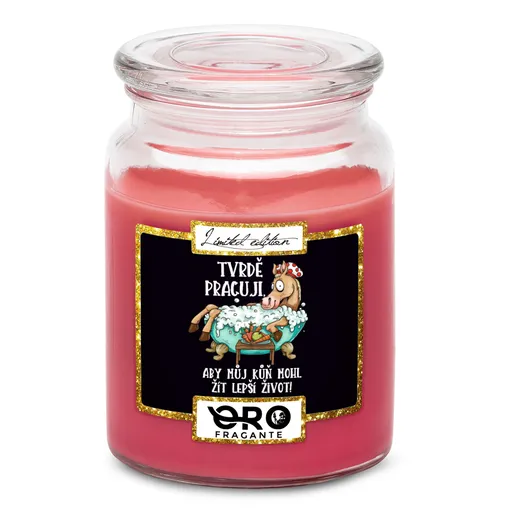Svíčka Tvrdě pracuji pro koně (Vůně svíčky: Višně v čokoládě)