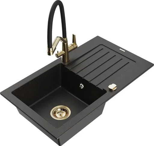 MEXEN/S Pablo granitový dřez s odkapávačem včetně baterie Duo, černá/zlatá metalik 6510-75-671701-57-G