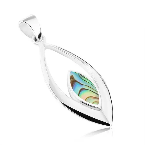 Přívěsek ze stříbra 925, obrys lístku s menším oválem zdobeným mušlí Paua