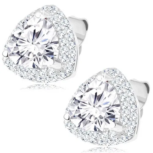 Puzetové stříbrné 925 náušnice - blýskavý zirkonový trojúhelník, čirý lem