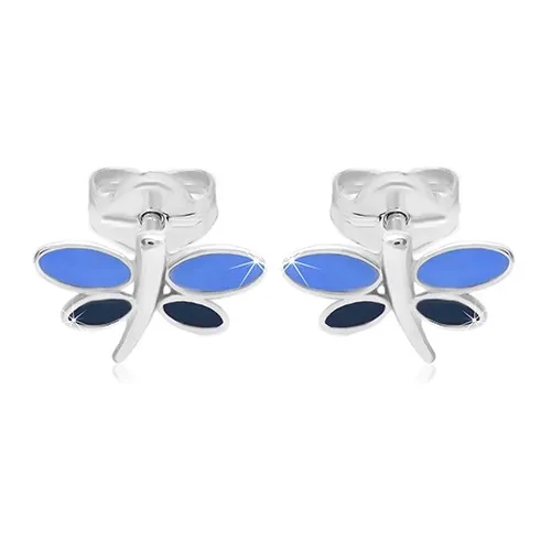 Náušnice z bílého 14K zlata - vážka s modrou glazurou na křídlech