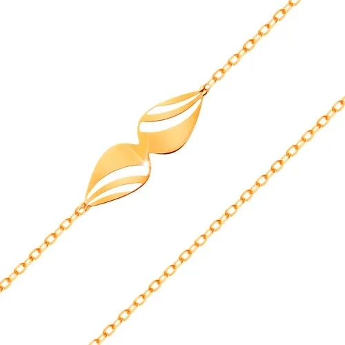 Náramek ze žlutého 14K zlata - tenký řetízek, mašlička z vyřezávaných slz