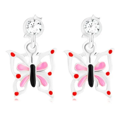 Stříbrné 925 náušnice, glazovaný motýl s bílo-růžovými křídly, krystal