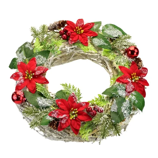 Vánoční zdobený věnec Poinsetie a proutí, 30 cm