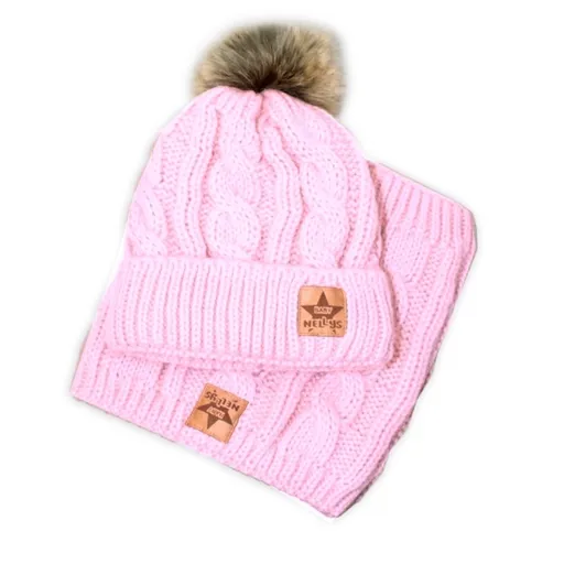 Baby Nellys Zimní pletená čepice s bambulí + komínek, sv. růžová, vel.92/98