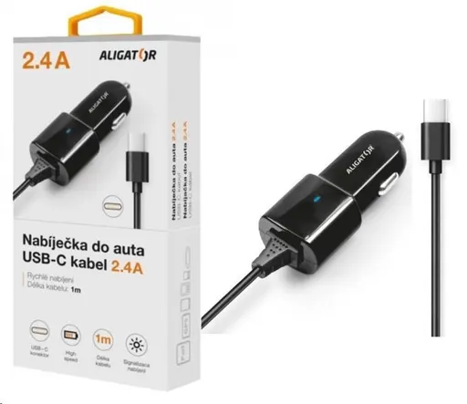 Aligator nabíječka do auta Turbo charge, 12/24 V, 2, 4 A, USB-C, černá