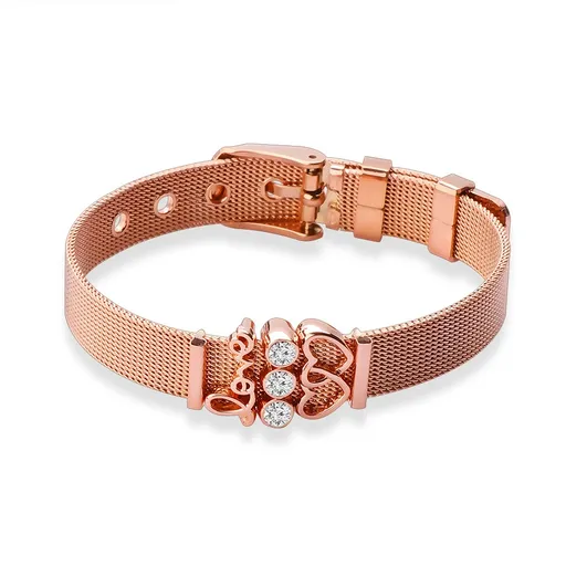 Síťovaný náramek z 316L oceli v měděné barvě, propojená srdíčka, zirkony a nápis "LOVE"