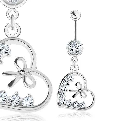 Piercing do bříška, chirurgická ocel, kontura srdíčka, mašle, čiré zirkony