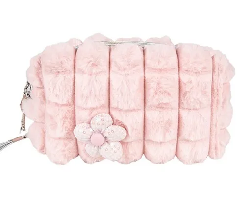 Růžová plyšová toaletní taštička s kytičkou - 18*7*10 cm Clayre & Eef