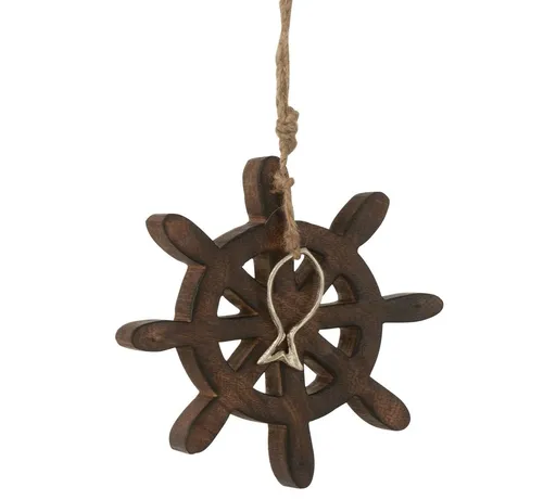 Dřevěná dekorace hnědé kormidlo s rybkou Helm Fish - Ø 15*2,5 cm J-Line by Jolipa