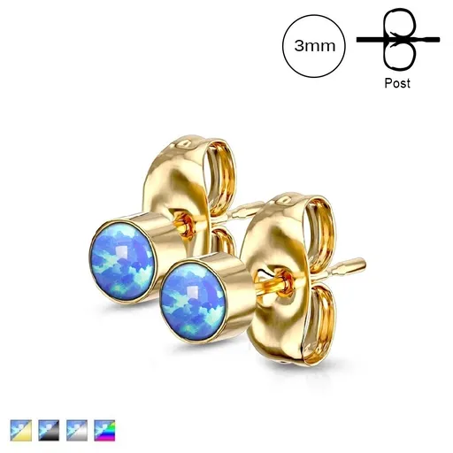 Náušnice z chirurgické oceli - syntetický modrý opál v objímce, puzetové zapínání, 3 mm - Barva: Černá