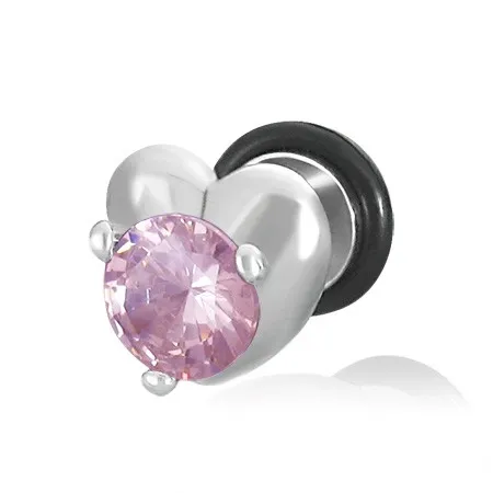 Falešný plug do ucha - srdce a růžový zirkon