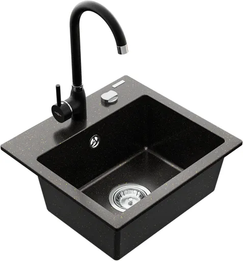 MEXEN/S Milo granitový dřez 1-miska včetně baterie Telma, černá/zlatý 6505-75-670200-70