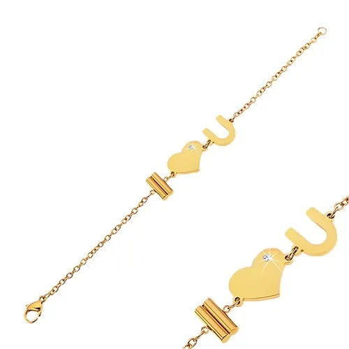 Ocelový náramek zlaté barvy s nápisem I Love You a čirým zirkonem