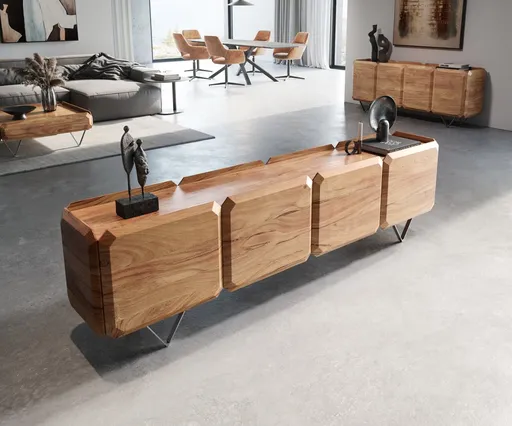 TV stolek Kiano 220 cm přírodní akácie 4 dvířka podnož ve tvaru