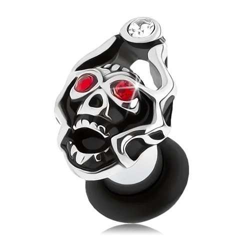 Plug do ucha z oceli 316L, lebka s korunou, zirkony červené a čiré barvy - Tloušťka : 3 mm