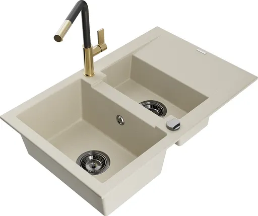 MEXEN/S Gaspar granitový dřez 1.5 s odkapávačem včetně baterie Flora, béžová 6507-69-670401-57-B