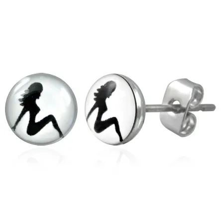 Ocelové puzetové náušnice, černobílý kruh se siluetou ženy