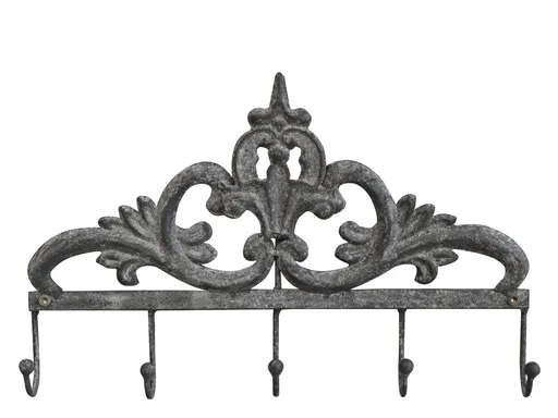 Šedý antik nástěnný věšák s 5-ti háčky a ornamentem - 32*4*21cm Chic Antique