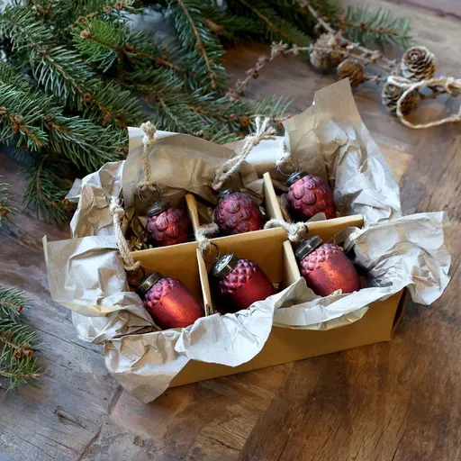 6ks červená antik skleněná vánoční ozdoba šiška a žalud ChicAnt - Ø 3,5*5,5 cm Chic Antique