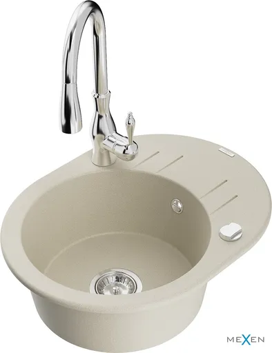 MEXEN/S Kevin granitový dřez 1 s odkapávačem včetně baterie Savita, béžová 6517-69-672601-00