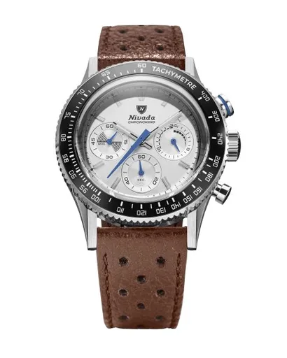 Nivada Grenchen Chronoking Mecaquartz Racing Grey - Inter. Bezel - Brown Racing Strap