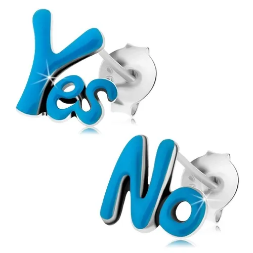 Puzetové náušnice ze stříbra 925, slova Yes a No, tmavomodrá glazura, patina