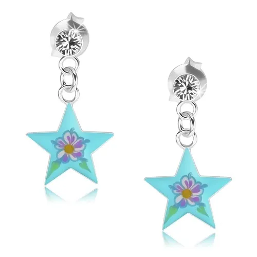Puzetové náušnice ze stříbra 925, lesklá modrá hvězda, barevný kvítek, krystal