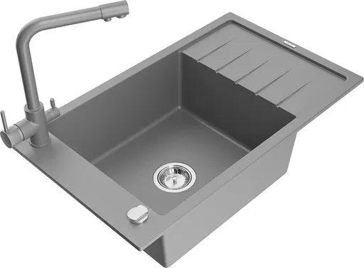 MEXEN/S Elias granitový dřez 1-miska včetně baterie Duero, šedý 6511-71-671600-71