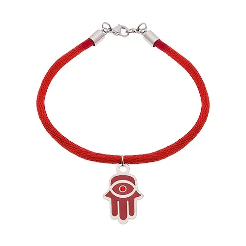 Náramek z oceli 316L a červené šňůrky, ruka Fatimy s glazurou a zirkonem