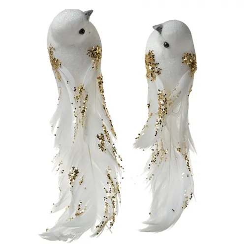 2ks bílá dekorace ptáček s peříčky a třpytkami na klipu - 15*8*5 cm Clayre & Eef