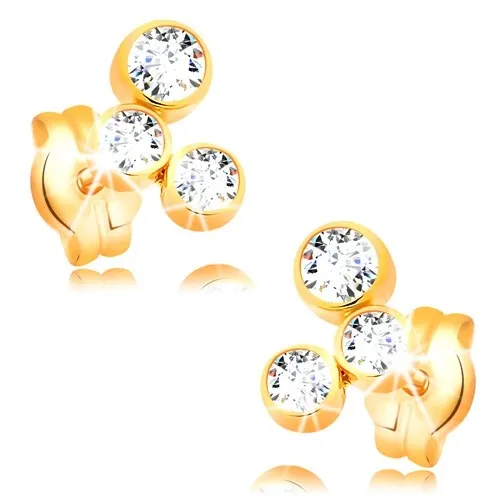 Náušnice ve žlutém 14K zlatě - oblouk ze tří blýskavých zirkonů