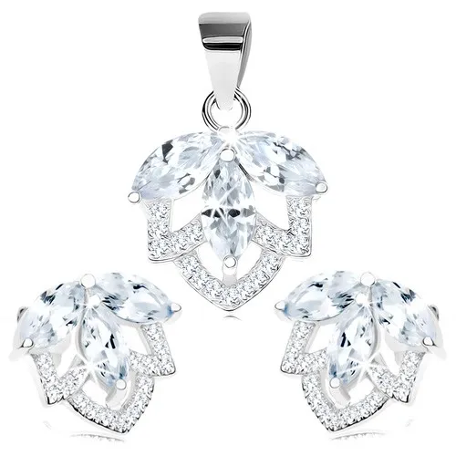 Stříbrná 925 sada - náušnice a přívěsek, třpytivý květ z čirých zirkonů