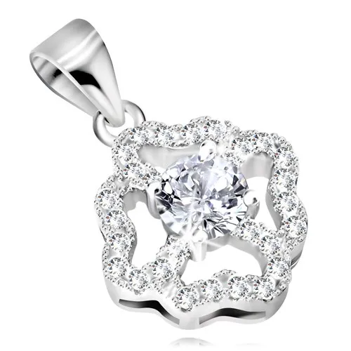 Rhodiovaný přívěsek ze stříbra 925, kontura květu se zirkonovými okvětními lístky ve tvaru srdcí